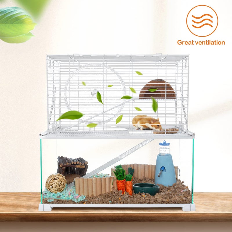 OIIBO 3 Tiers Large Hamster Cages Glass, Heightened Wire Topper with Two Shelf and Two Ladders Ramps, Openable Top, Easy to Clean Removeable Waterproof PVC Tray Medium - Image 2