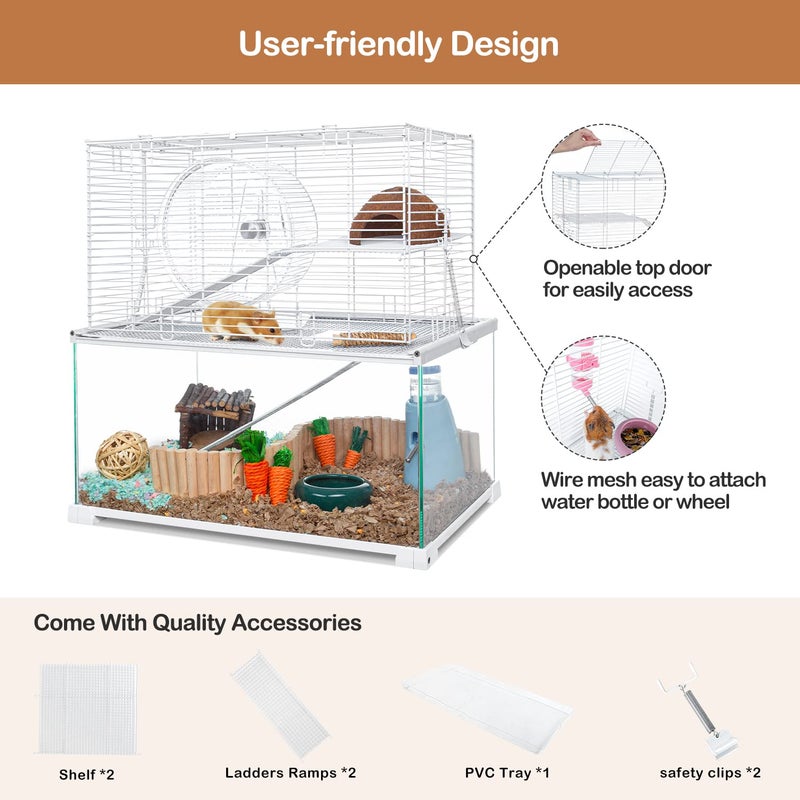 OIIBO 3 Tiers Large Hamster Cages Glass, Heightened Wire Topper with Two Shelf and Two Ladders Ramps, Openable Top, Easy to Clean Removeable Waterproof PVC Tray Medium - Image 4
