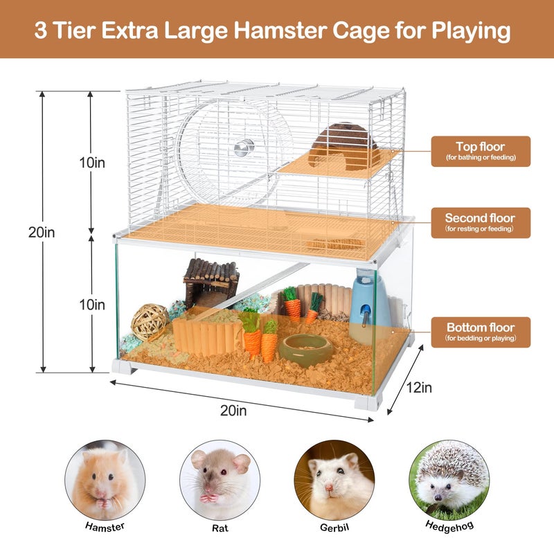 OIIBO 3 Tiers Large Hamster Cages Glass, Heightened Wire Topper with Two Shelf and Two Ladders Ramps, Openable Top, Easy to Clean Removeable Waterproof PVC Tray Medium - Image 3