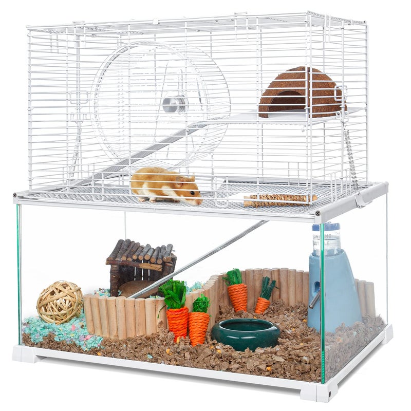 OIIBO 3 Tiers Large Hamster Cages Glass, Heightened Wire Topper with Two Shelf and Two Ladders Ramps, Openable Top, Easy to Clean Removeable Waterproof PVC Tray Medium - Image 1