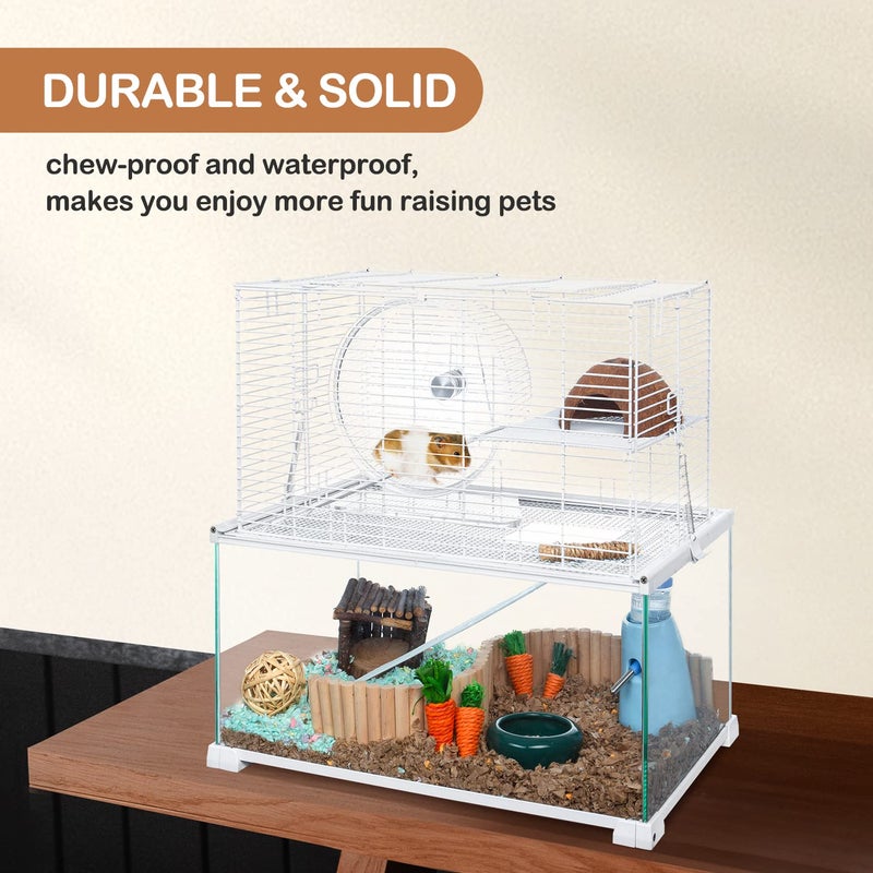 OIIBO 3 Tiers Large Hamster Cages Glass, Heightened Wire Topper with Two Shelf and Two Ladders Ramps, Openable Top, Easy to Clean Removeable Waterproof PVC Tray Medium - Image 5
