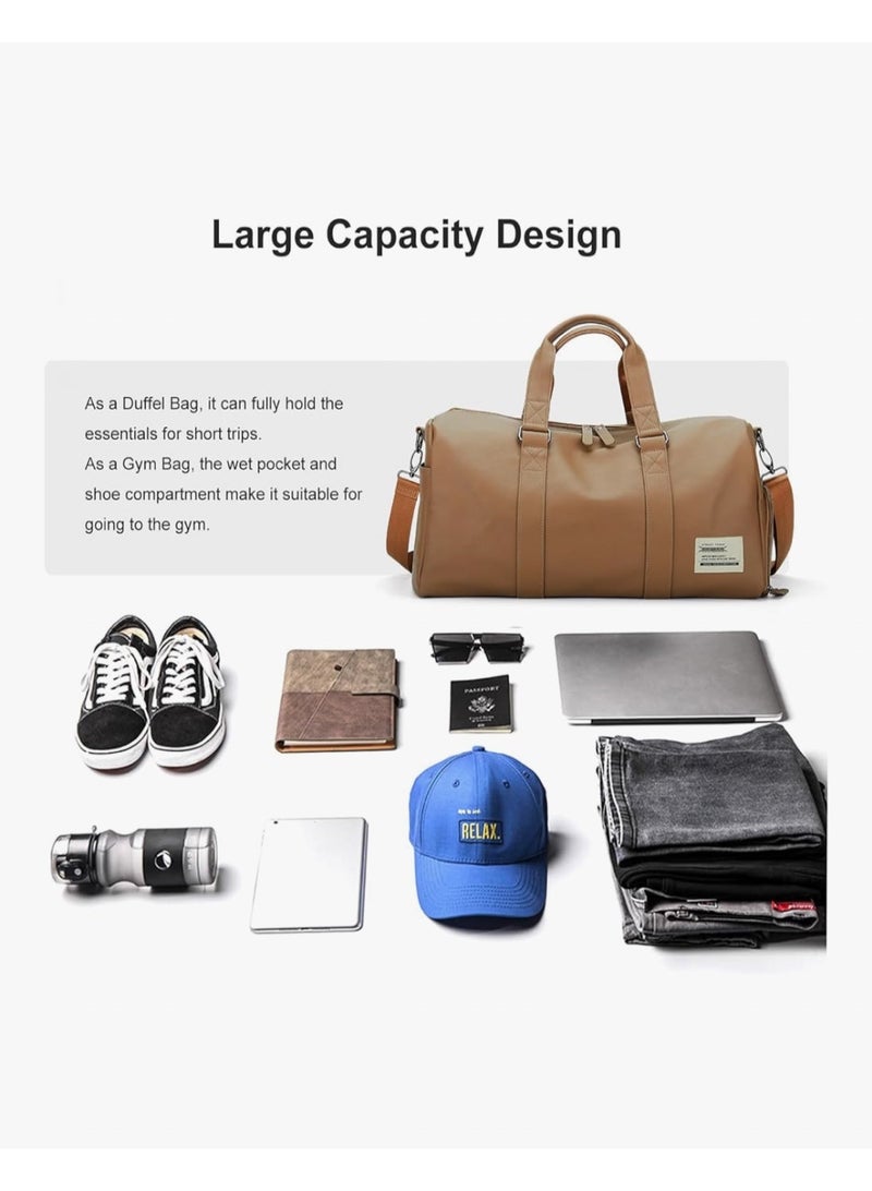 livbote حقيبة سفر جلدية (Duffel)، حقيبة رياضية كبيرة للنادي ولعطلات نهاية الأسبوع مع جيب مخصص للأحذية، حقيبة يد مقاومة للماء للمبيت (Carry-on) ومعتمدة من شركات الطيران، مناسبة للرجال والنساء - لون بني. - Image 3