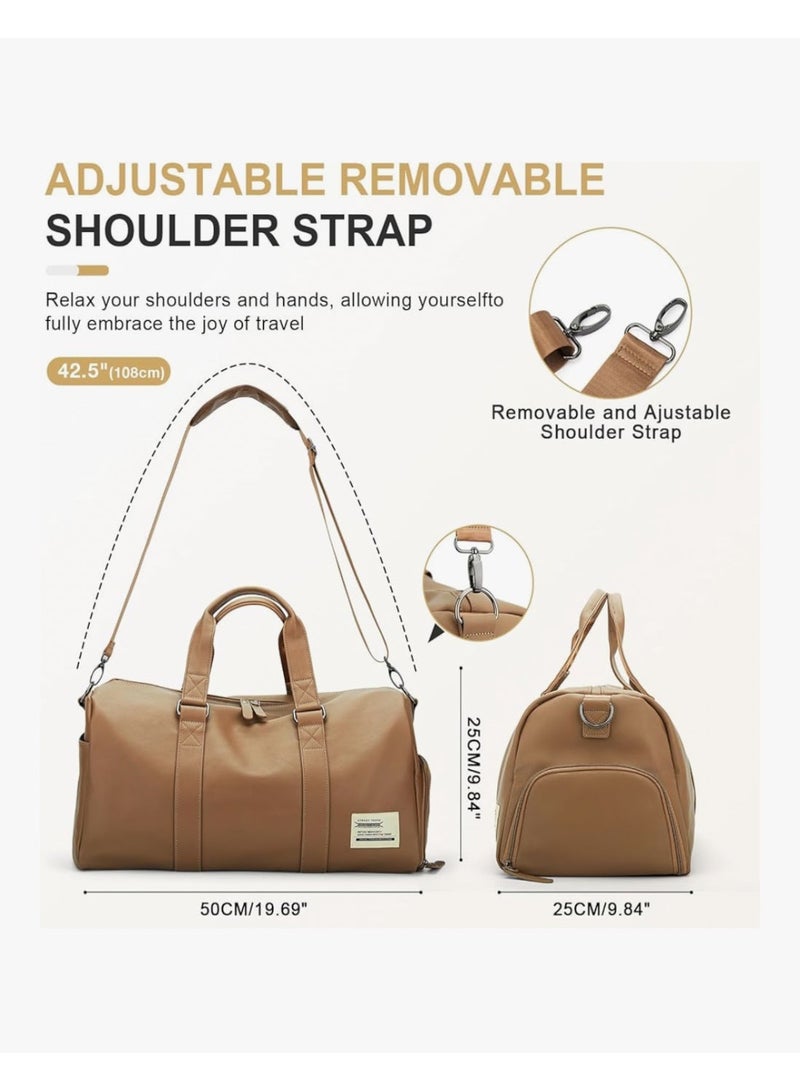 livbote حقيبة سفر جلدية (Duffel)، حقيبة رياضية كبيرة للنادي ولعطلات نهاية الأسبوع مع جيب مخصص للأحذية، حقيبة يد مقاومة للماء للمبيت (Carry-on) ومعتمدة من شركات الطيران، مناسبة للرجال والنساء - لون بني. - Image 2
