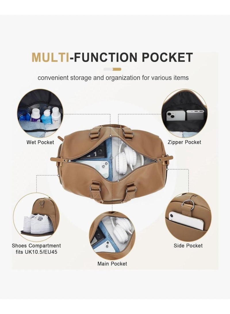 livbote حقيبة سفر جلدية (Duffel)، حقيبة رياضية كبيرة للنادي ولعطلات نهاية الأسبوع مع جيب مخصص للأحذية، حقيبة يد مقاومة للماء للمبيت (Carry-on) ومعتمدة من شركات الطيران، مناسبة للرجال والنساء - لون بني. - Image 5