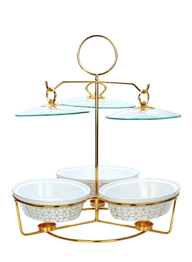Shallow Triple 9 Inch Oval Porcelain Casserole with Golden Metal Warmer Rack and Lid 43x40x49cm - Image 1
