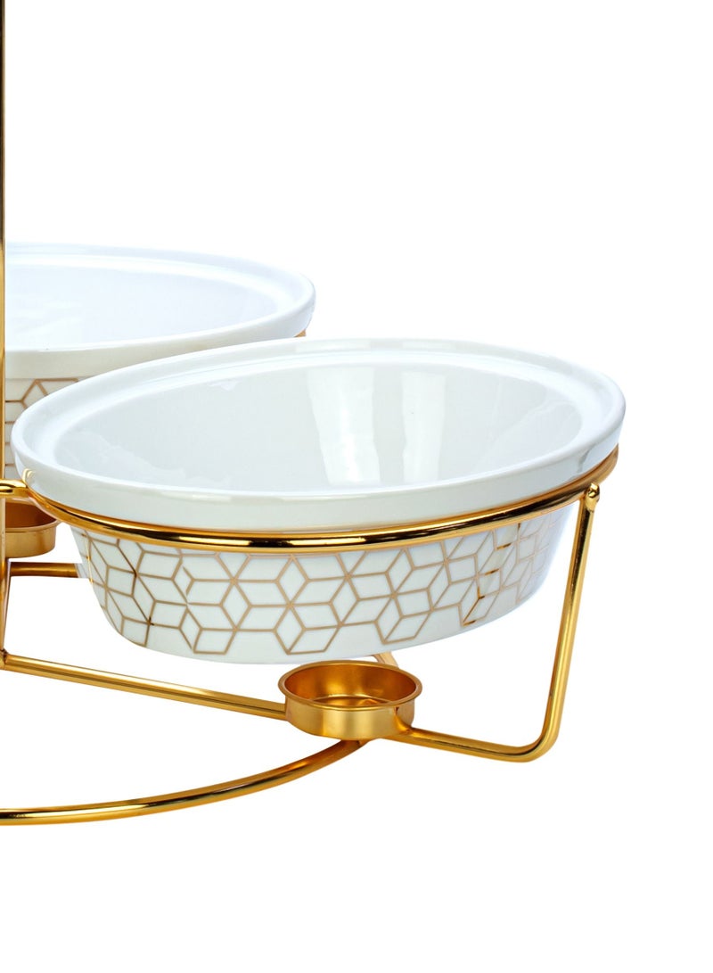 Shallow Triple 9 Inch Oval Porcelain Casserole with Golden Metal Warmer Rack and Lid 43x40x49cm - Image 2