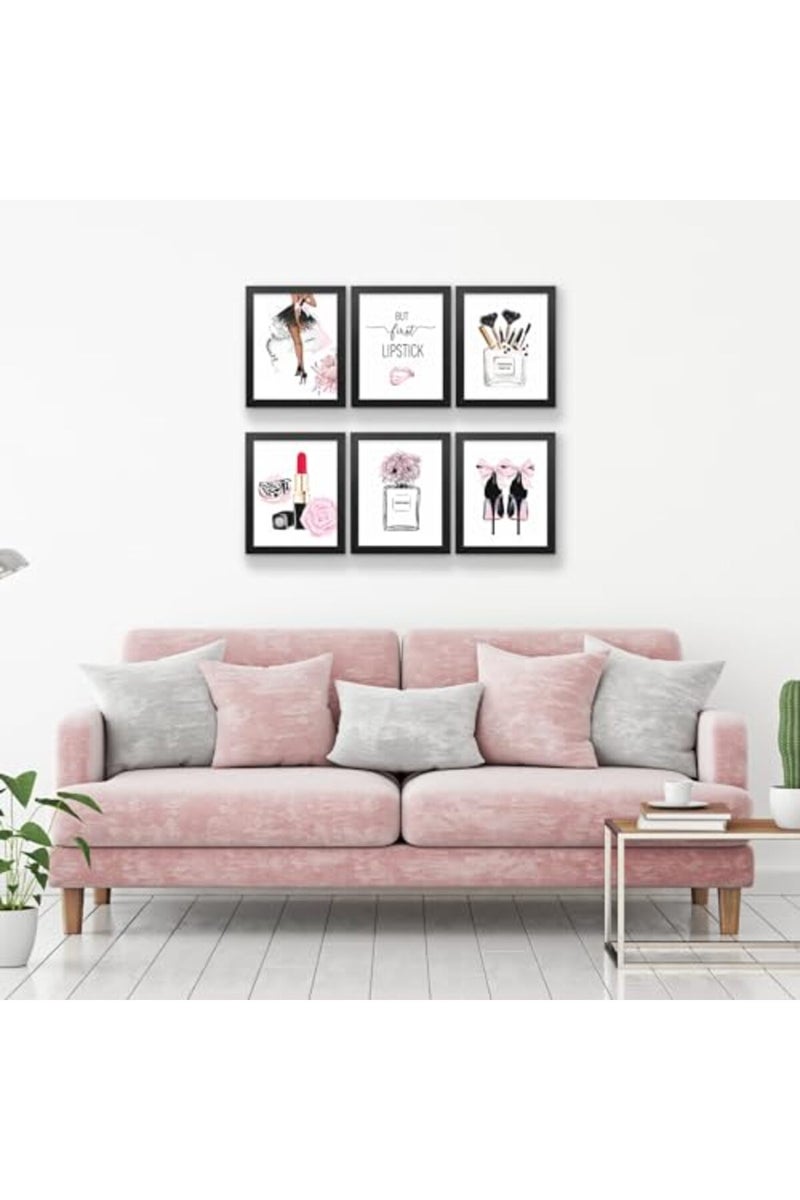 HoozGee Framed Pink Fashion Wall Art Prints with FRAME Set of 6 Makeup Art Pictures Wall Decor Canvas Print Poster Modern Girls Room Decor for Bedroom Decor - Image 2