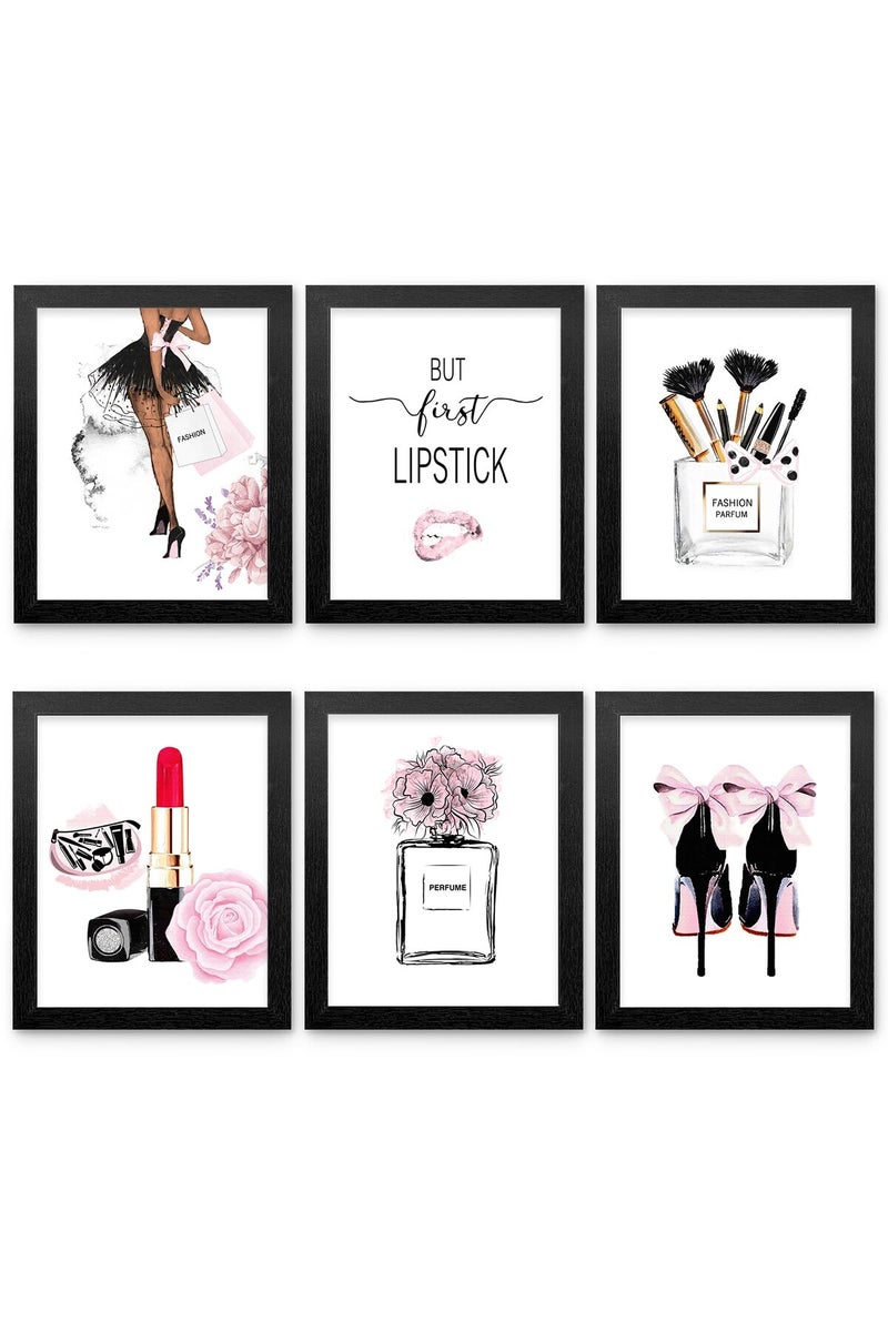 HoozGee Framed Pink Fashion Wall Art Prints with FRAME Set of 6 Makeup Art Pictures Wall Decor Canvas Print Poster Modern Girls Room Decor for Bedroom Decor - Image 1
