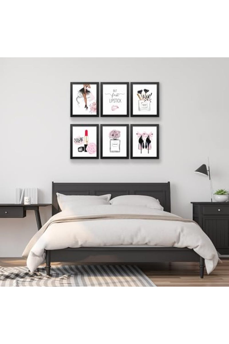 HoozGee Framed Pink Fashion Wall Art Prints with FRAME Set of 6 Makeup Art Pictures Wall Decor Canvas Print Poster Modern Girls Room Decor for Bedroom Decor - Image 5
