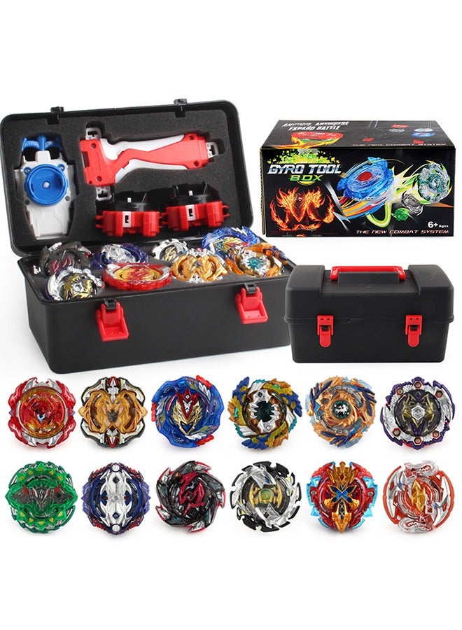 Battling Tops Box Set, Burst Gyro Toys 12 Spinning Tops + 2 Launchers + Stickers Combat Battling Game with Portable Box Gift for Kids Children Boys 499, One Size