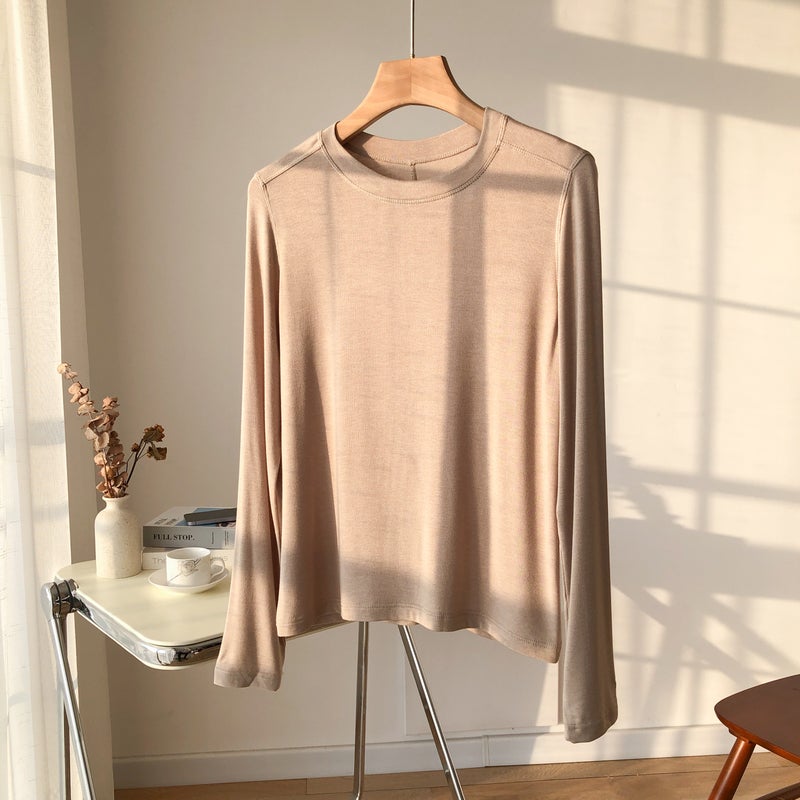 Powerful Factory Early Spring Lyocell Acetate Wool Round Neck Muscle Base Bottoming Shirt Women'S Right Shoulder Long-Sleeved T-Shirt - Image 1