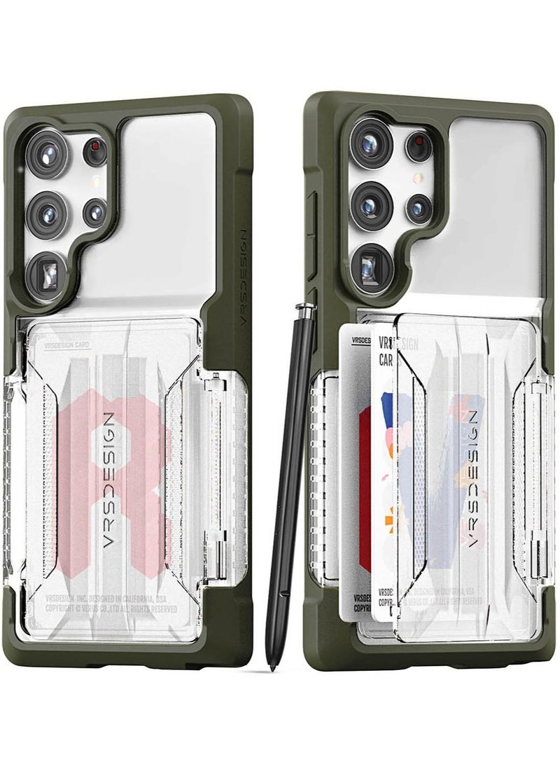 VRS Design Neo Flip Active Samsung Galaxy S23 Ultra Case Cover Wallet with Semi Automatic Snap Door Credit Card Holder Slot [2 Cards] - Moss Green Crystal  - Image 1