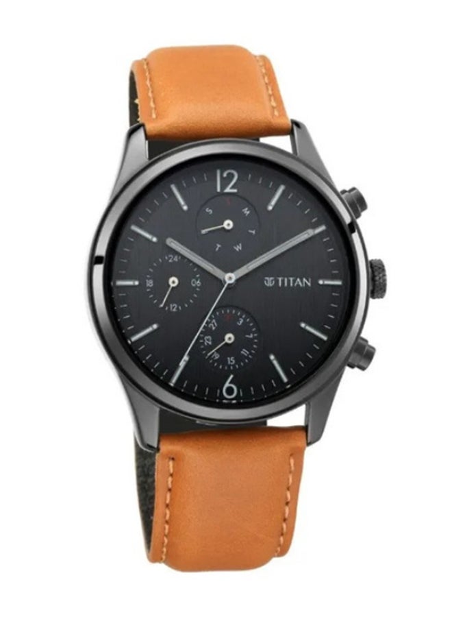تيتان ساعة عمل بقرص أسود وحزام جلد - Image 1