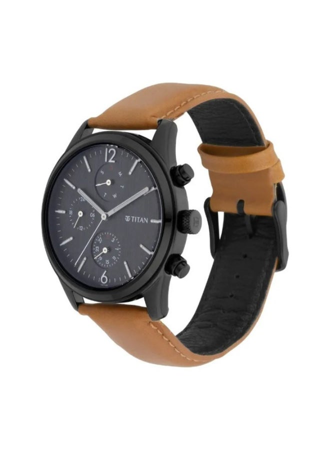 تيتان ساعة عمل بقرص أسود وحزام جلد - Image 3