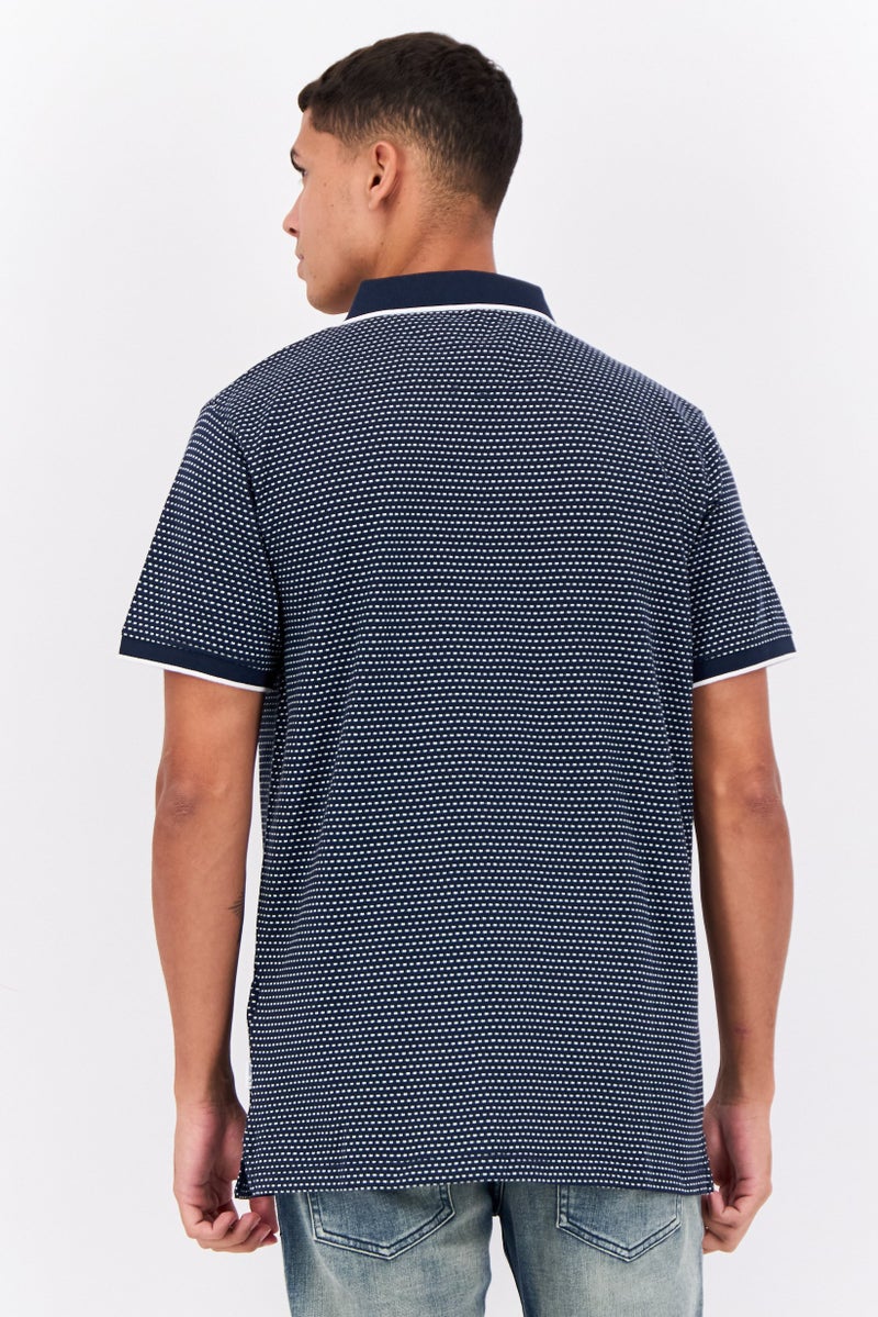 Peter Werth Men Regular Fit Short Sleeves Allover Print Polo Shirt, Navy/White - Image 3