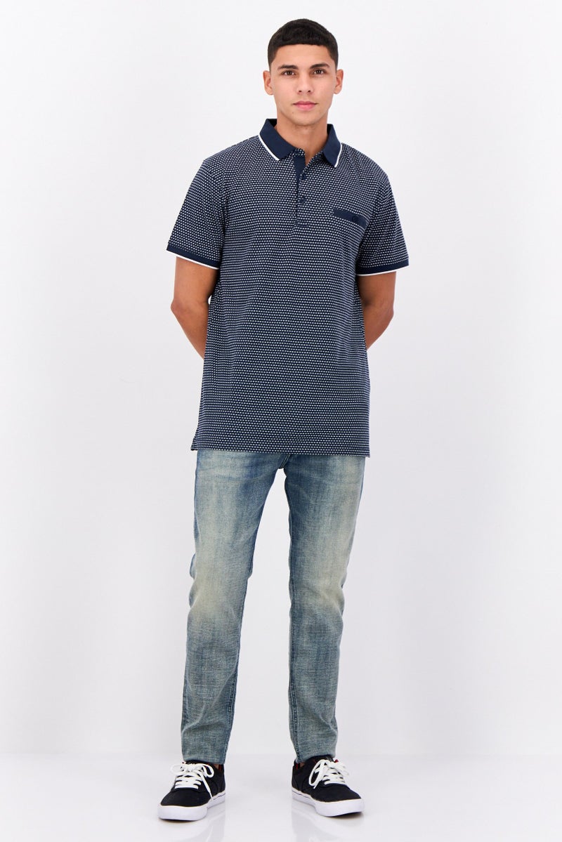 Peter Werth Men Regular Fit Short Sleeves Allover Print Polo Shirt, Navy/White - Image 4