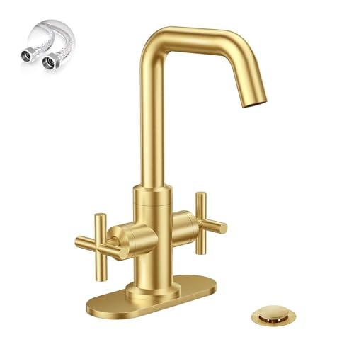 Phiestina Brushed Gold 2Handle 4 Inch Centerset Single Hole Bathroom Faucet with DrainDeck Plate and Supply Hoses Fit for 1 or 3 Hole SGF00210BG