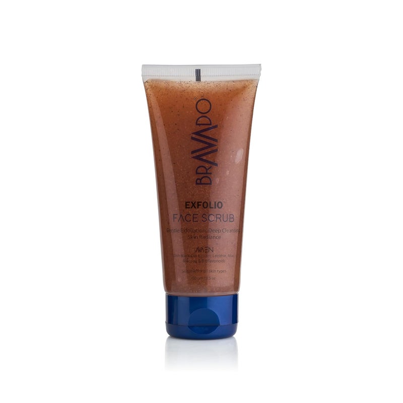 BRAVADO Exfolio Face Scrub Gentle Deep Cleanse Detox for All Skin Types Fights Tan Blackheads Dullness Hydrates Brightens for a Youthful Glow Perfect for Men AcneProne Skin 100g - Image 1