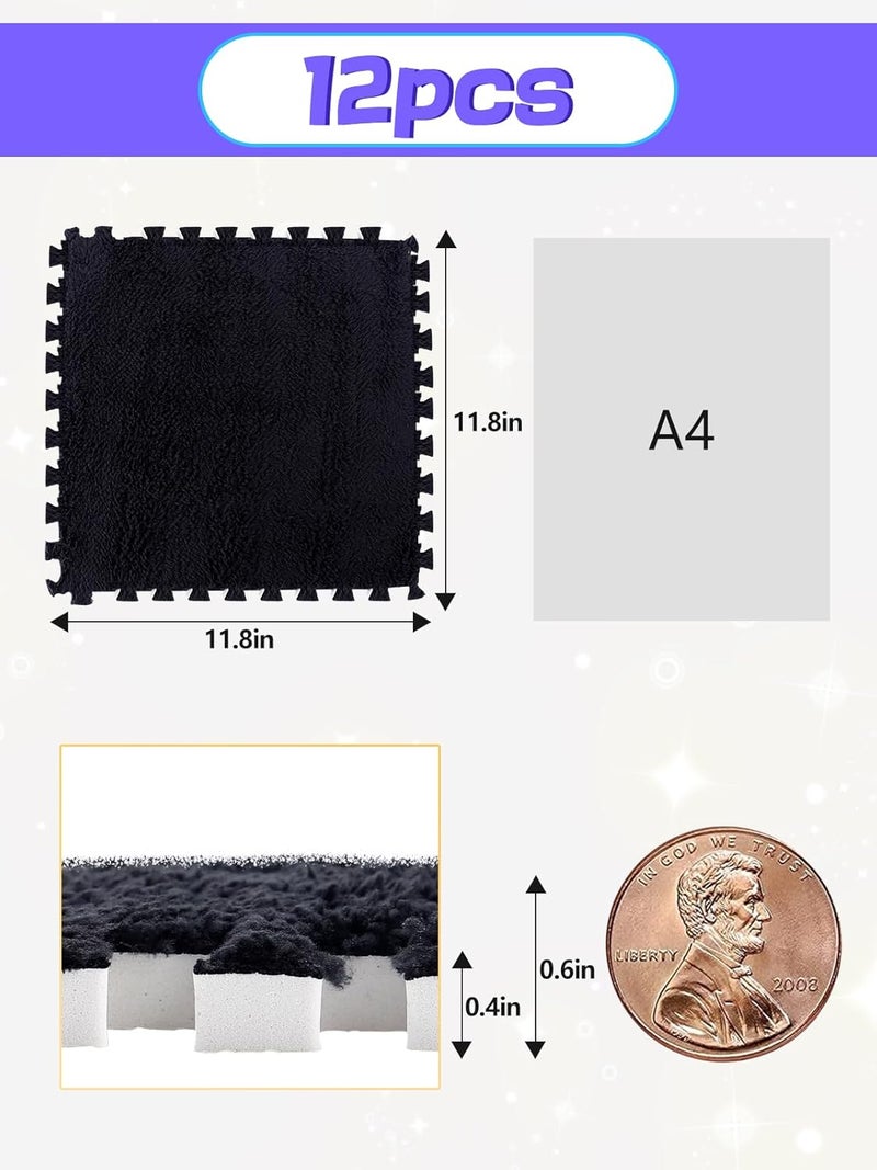 ANPHSIN 12 pcs Thickened Plush Foam Interlocking Floor Mats, Interlocking Foam Tiles with Edgings for Kids, Soft Anti-Slip Puzzle Area Square Rug Playmat for Children Room Flat (11.8", Black) - Image 5