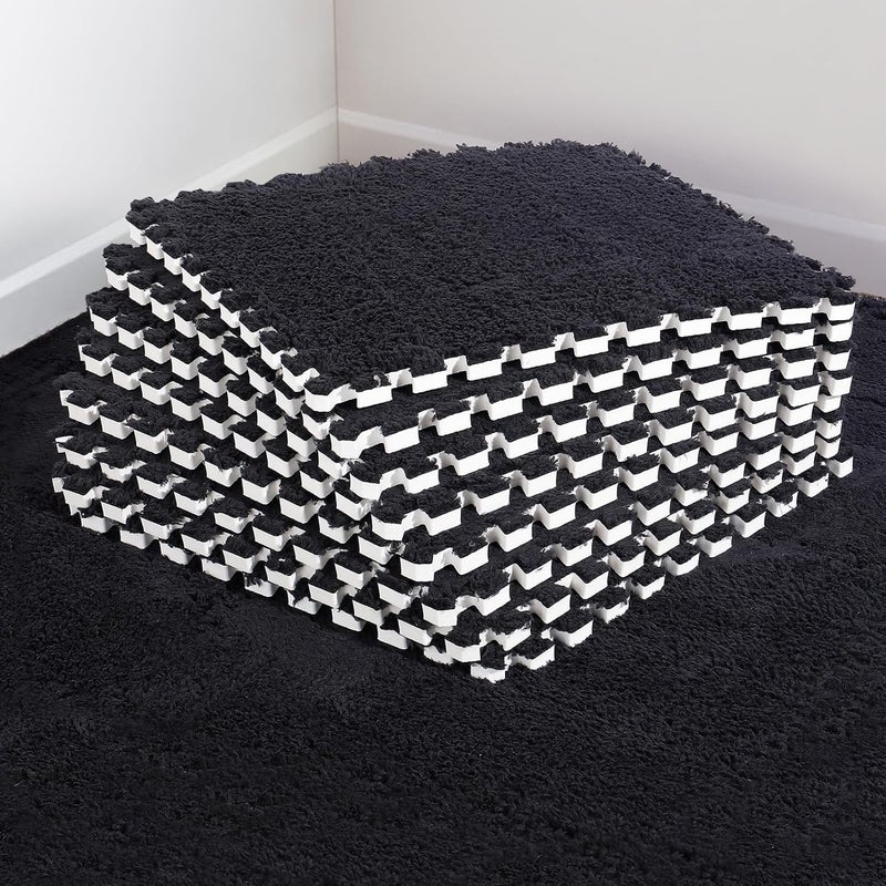 ANPHSIN 12 pcs Thickened Plush Foam Interlocking Floor Mats, Interlocking Foam Tiles with Edgings for Kids, Soft Anti-Slip Puzzle Area Square Rug Playmat for Children Room Flat (11.8", Black) - Image 1