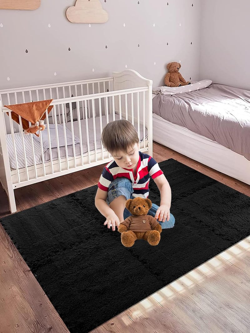 ANPHSIN 12 pcs Thickened Plush Foam Interlocking Floor Mats, Interlocking Foam Tiles with Edgings for Kids, Soft Anti-Slip Puzzle Area Square Rug Playmat for Children Room Flat (11.8", Black) - Image 4