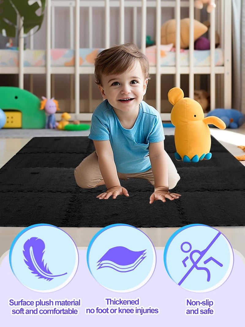 ANPHSIN 12 pcs Thickened Plush Foam Interlocking Floor Mats, Interlocking Foam Tiles with Edgings for Kids, Soft Anti-Slip Puzzle Area Square Rug Playmat for Children Room Flat (11.8", Black) - Image 2