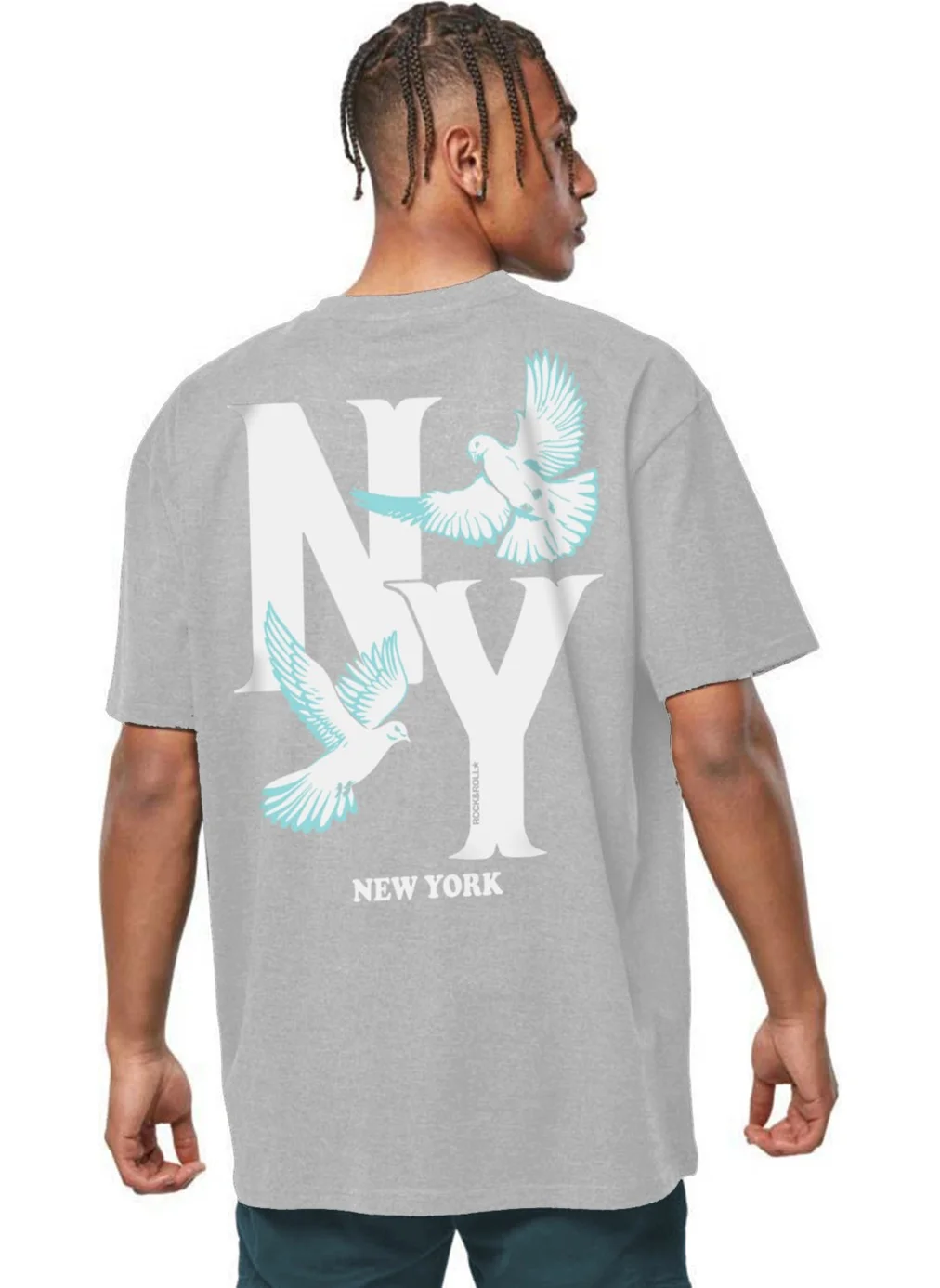 روك اند رول Ny Pigeons Gray Oversize Back Printed Short Sleeve Men's T-Shirt