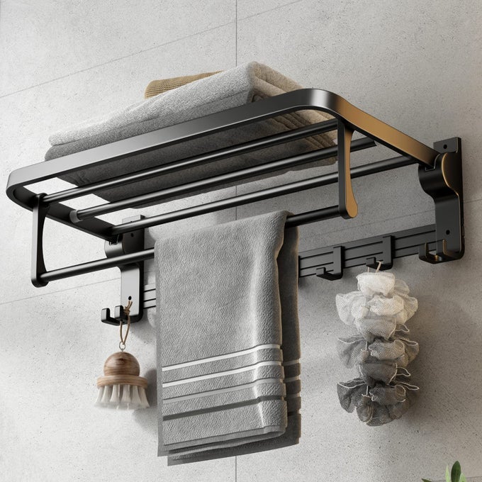 24 INCH TOWEL RACK WITH TOWEL BAR HOLDER FOLDABLE TOWEL SHELF WITH MOVABLE HOOKS RUSTPROOF TOWEL STORAGE WALL MOUNT FOR BATHROOM LAVATORY MATTE BLACK