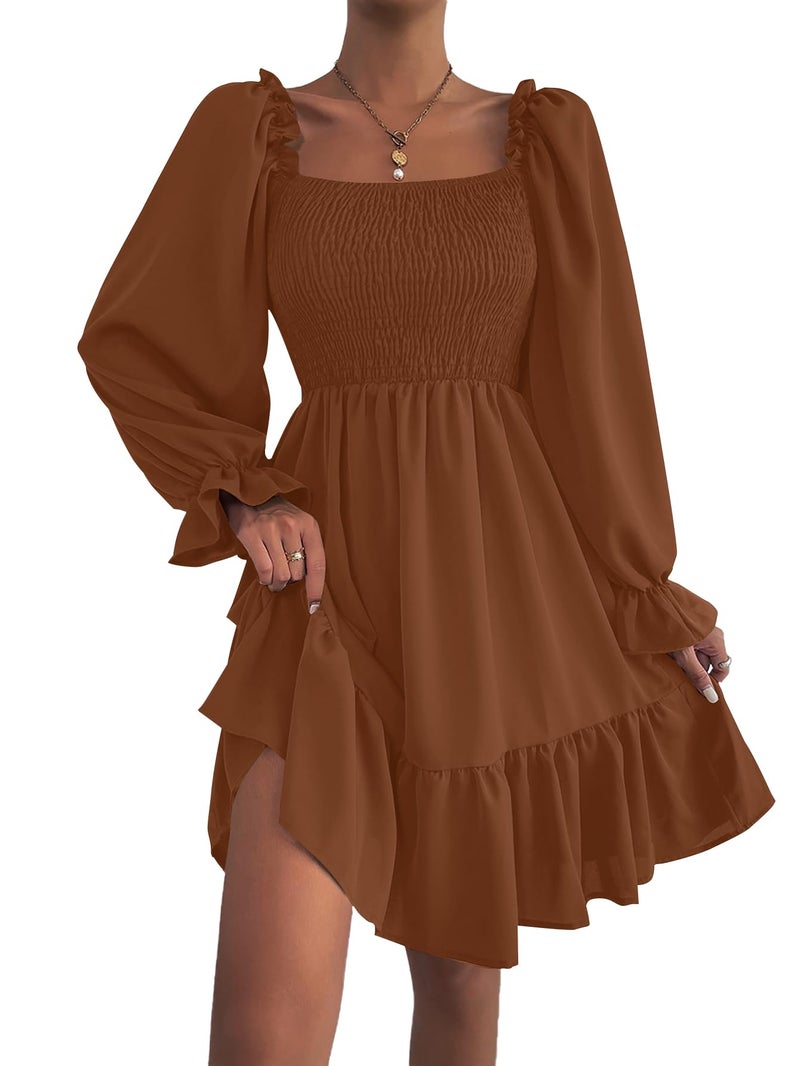 LYANER Women's Square Neck Lantern Long Sleeve Shirred Ruffle A Line Flowy Party Mini Dress Dark Brown Small - Image 4