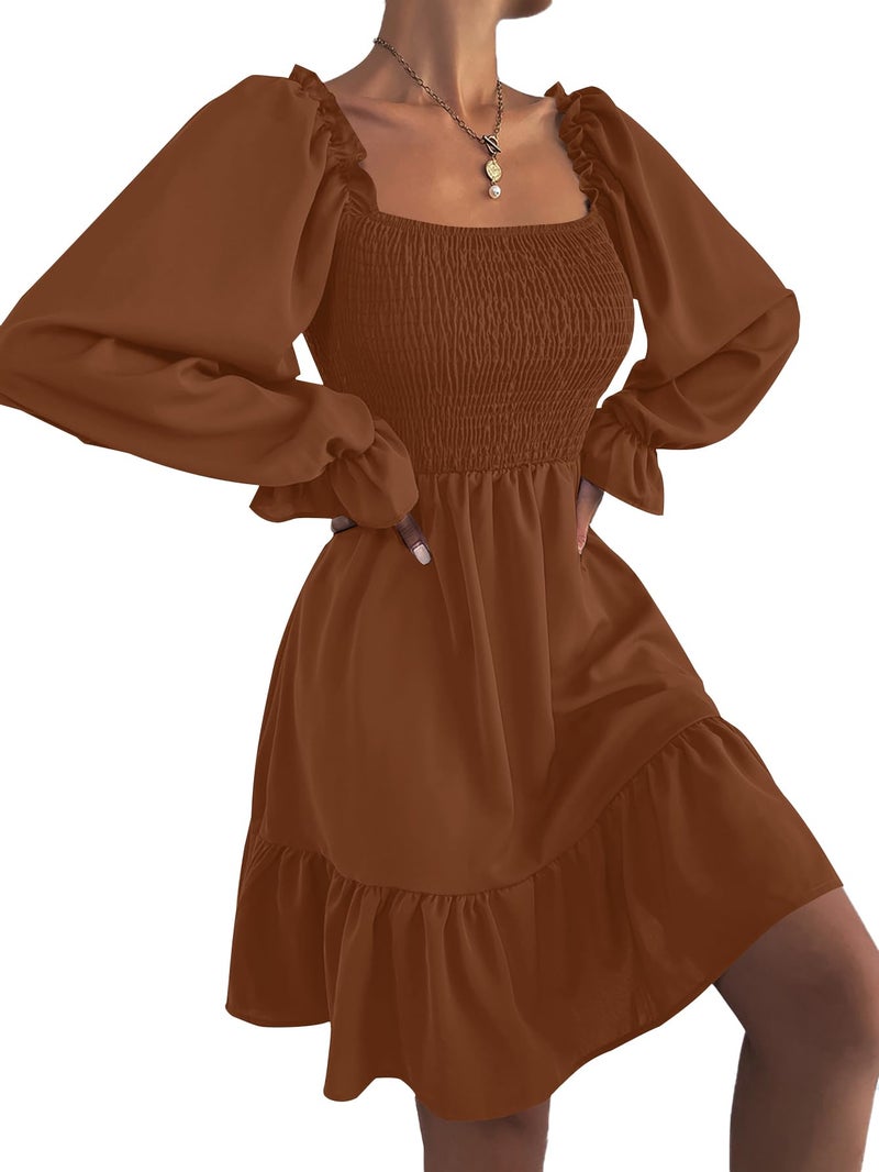 LYANER Women's Square Neck Lantern Long Sleeve Shirred Ruffle A Line Flowy Party Mini Dress Dark Brown Small - Image 3