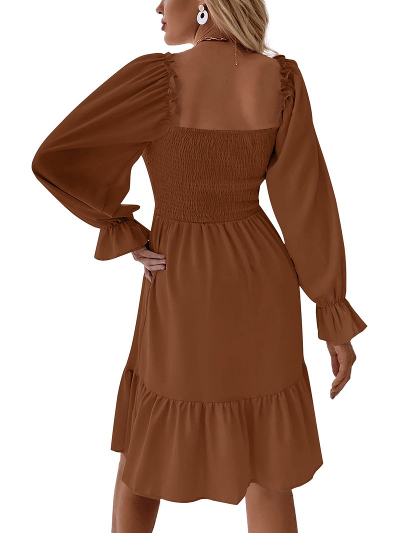 LYANER Women's Square Neck Lantern Long Sleeve Shirred Ruffle A Line Flowy Party Mini Dress Dark Brown Small - Image 2