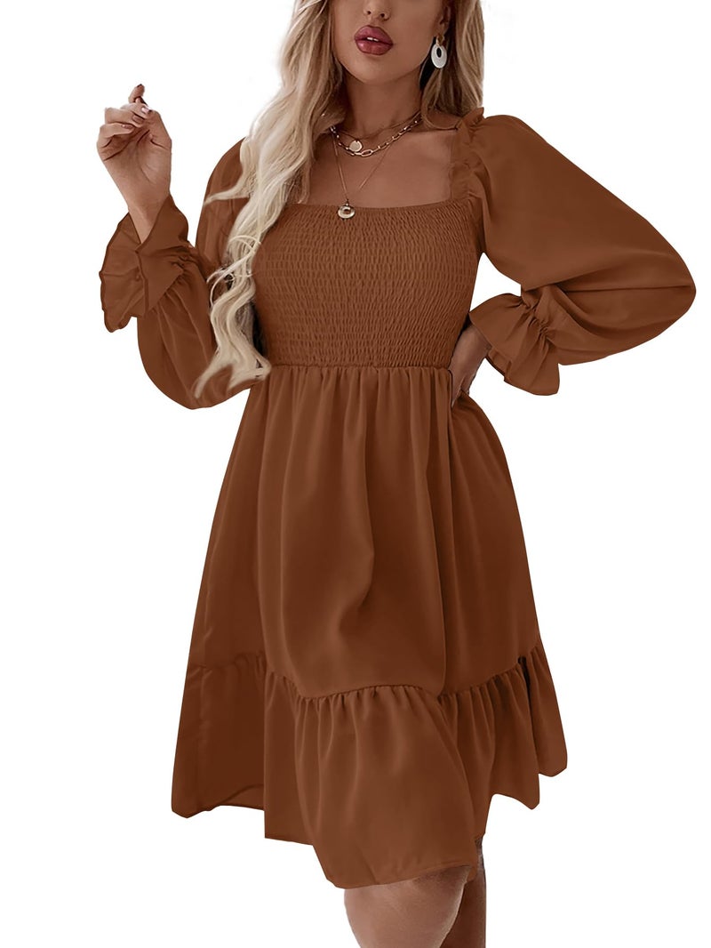 LYANER Women's Square Neck Lantern Long Sleeve Shirred Ruffle A Line Flowy Party Mini Dress Dark Brown Small - Image 5