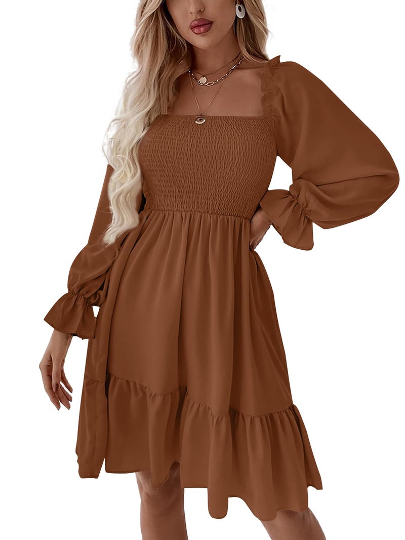 LYANER Women's Square Neck Lantern Long Sleeve Shirred Ruffle A Line Flowy Party Mini Dress Dark Brown Small - Image 1