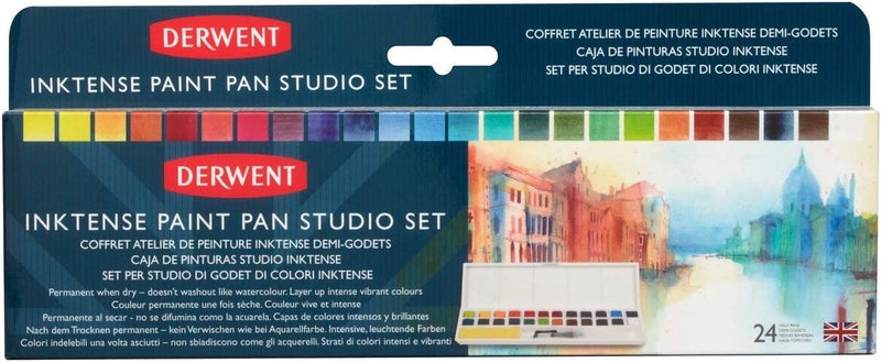 Derwent Inktense Permanent Paint Pan Studio Set Palette, Painting, Ideal for Layering, Use on Fabrics, Includes Waterbrush, Sponge & Mixing Palette, Professional Quality - 2305545 (Set of 24) - Image 1