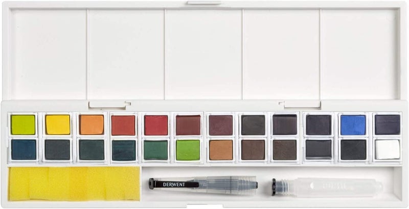 Derwent Inktense Permanent Paint Pan Studio Set Palette, Painting, Ideal for Layering, Use on Fabrics, Includes Waterbrush, Sponge & Mixing Palette, Professional Quality - 2305545 (Set of 24) - Image 2