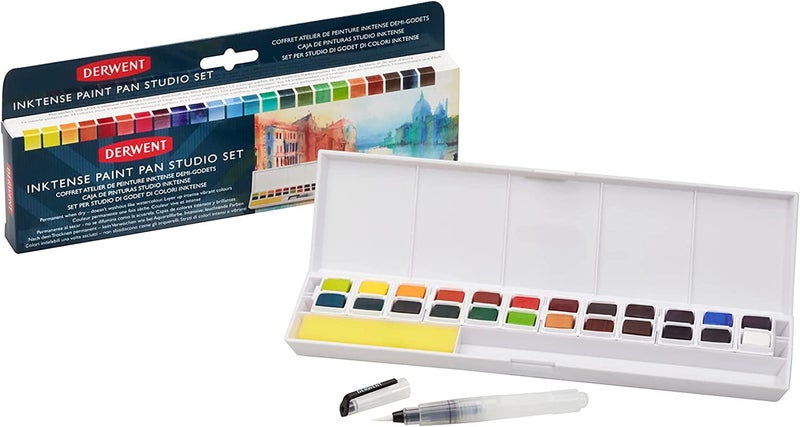 Derwent Inktense Permanent Paint Pan Studio Set Palette, Painting, Ideal for Layering, Use on Fabrics, Includes Waterbrush, Sponge & Mixing Palette, Professional Quality - 2305545 (Set of 24) - Image 3