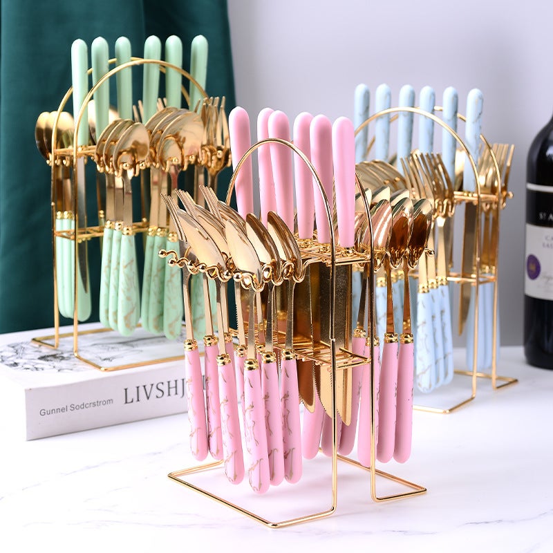 Cross-border new marble pattern stainless steel tableware 24 gift box restaurant western knife fork dessert spoon(White suit) - Image 5