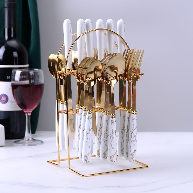 Cross-border new marble pattern stainless steel tableware 24 gift box restaurant western knife fork dessert spoon(White suit) - Image 1