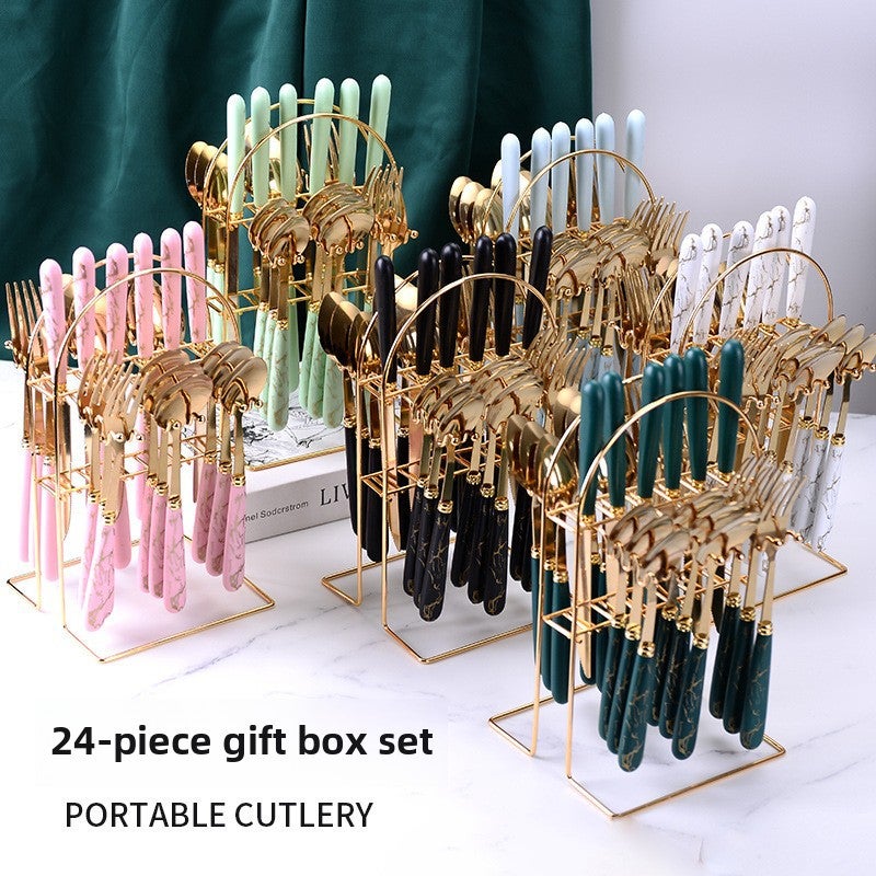 Cross-border new marble pattern stainless steel tableware 24 gift box restaurant western knife fork dessert spoon(White suit) - Image 2