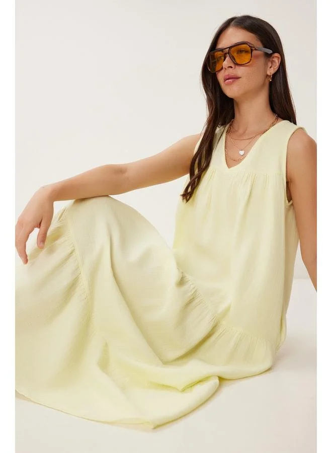 لوفلي اسطنبول فستان صيفي من الموسلين المجعد أصفر LMX0087.