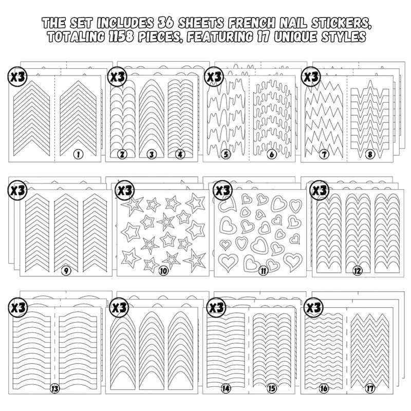 Snmzlc 36 Sheets 1158 Pieces French Tip Nail Guides 17 Styles Nail Design Stickers Self-Adhesive Nail White DIY Decoration Nail Stencils US186 - Image 2