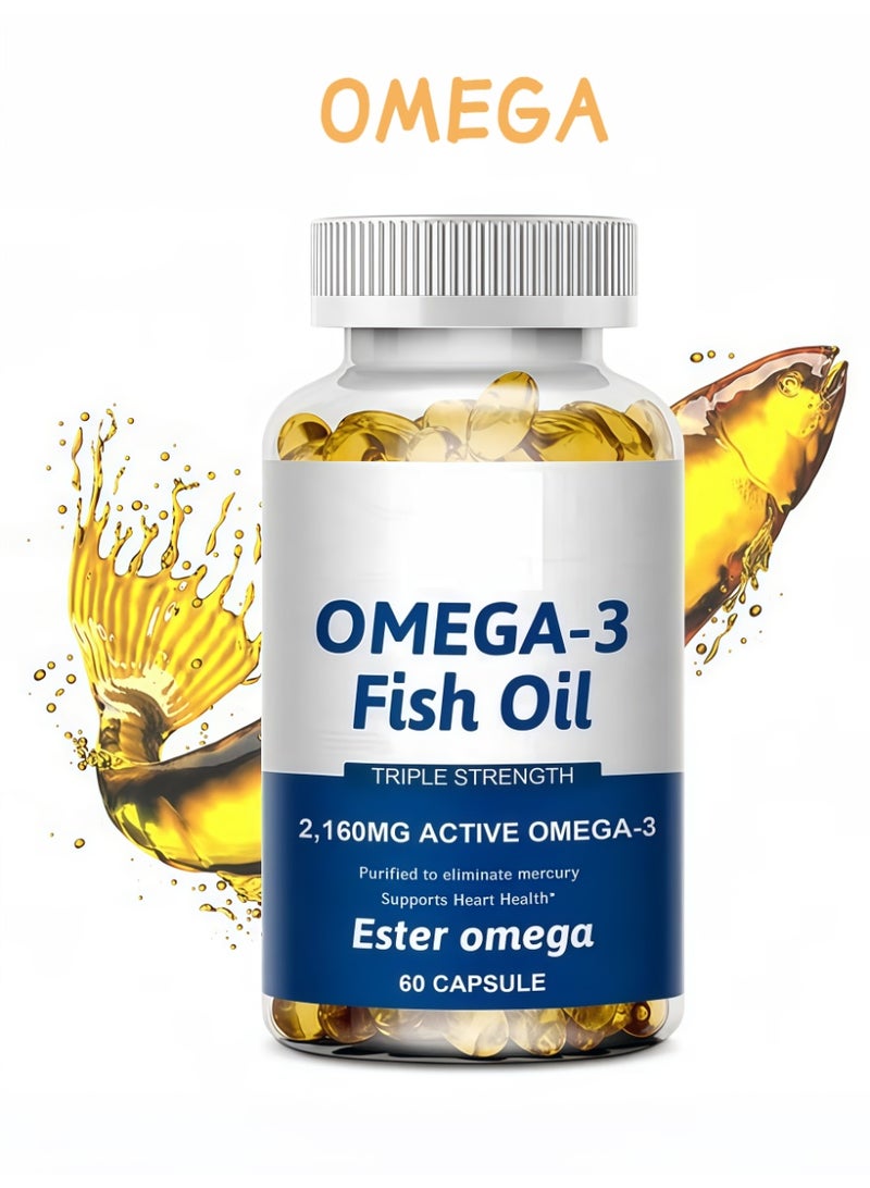 Omega Premium Triple Strength Omega-3 Fish Oil 2160mg | Mercury-Free Purified, Triglyceride EPA & DHA | Supports Heart, Brain & Joint Health - 60 Softgels - Image 1