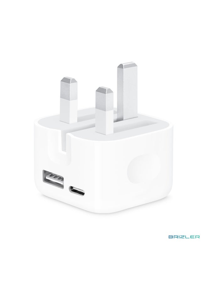 بريزلر شاحن حائط بقدرة 35 واط بمنفذين (USB-C وUSB-A)، محول طاقة يدعم الشحن السريع مع حماية شاملة، وقابس ثلاثي (نمط المملكة المتحدة) للهواتف الذكية والأجهزة اللوحية وبنوك الطاقة - لون أبيض - Image 1