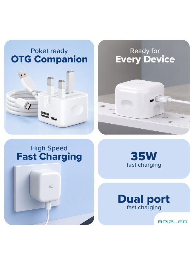 بريزلر شاحن حائط بقدرة 35 واط بمنفذين (USB-C وUSB-A)، محول طاقة يدعم الشحن السريع مع حماية شاملة، وقابس ثلاثي (نمط المملكة المتحدة) للهواتف الذكية والأجهزة اللوحية وبنوك الطاقة - لون أبيض - Image 2