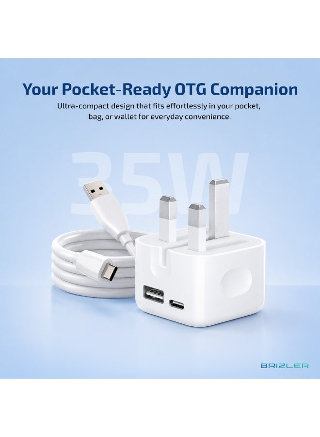 بريزلر شاحن حائط بقدرة 35 واط بمنفذين (USB-C وUSB-A)، محول طاقة يدعم الشحن السريع مع حماية شاملة، وقابس ثلاثي (نمط المملكة المتحدة) للهواتف الذكية والأجهزة اللوحية وبنوك الطاقة - لون أبيض - Image 3