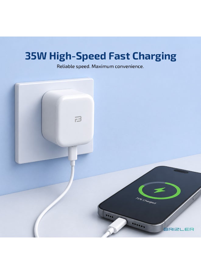 بريزلر شاحن حائط بقدرة 35 واط بمنفذين (USB-C وUSB-A)، محول طاقة يدعم الشحن السريع مع حماية شاملة، وقابس ثلاثي (نمط المملكة المتحدة) للهواتف الذكية والأجهزة اللوحية وبنوك الطاقة - لون أبيض - Image 4