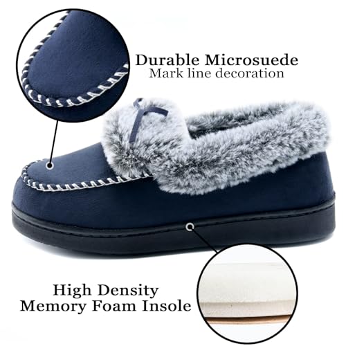 DL Women's Fuzzy Warm Moccasin Memory Foam Slippers, Soft Fluffy Winter House Slippers, Cozy Ladies Suede Indoor Bedroom Houseshoes Non-Slip Navy Size 9 - Image 3