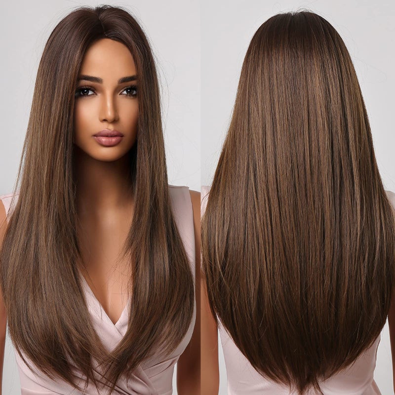 Allbell Brown Wigs for Women Long Straight Wig Layered Brown Hair Wig 24Inch Middle Part Dark Brown Wig Natural Heat Resistant Synthetic Fiber Wig for Party Halloween
