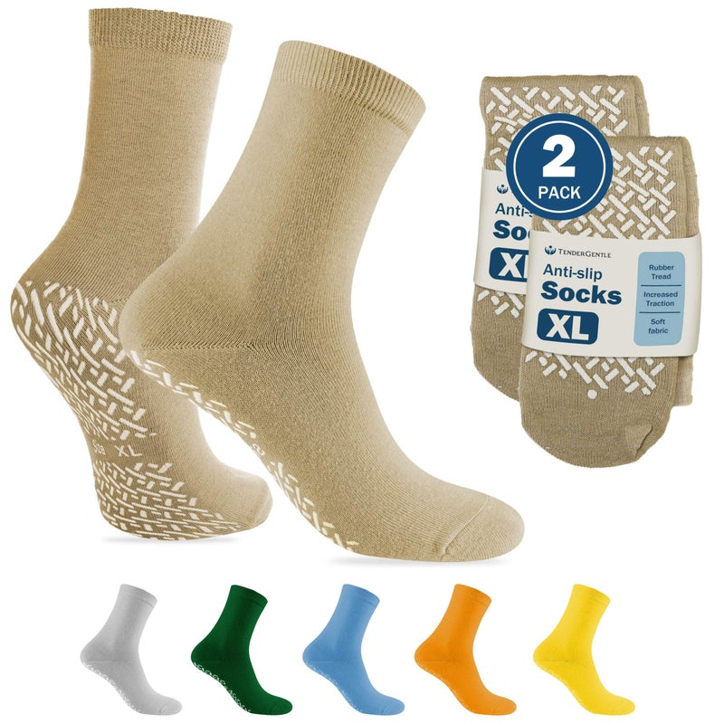 TenderGentle Hospital Socks with Grips for Men and Women - 2 Pairs of Tan XL Grippy Socks for Elderly - Hospitals, Nursing Homes, and Long Term Care Facilities - Soft and Stretchy - Image 1
