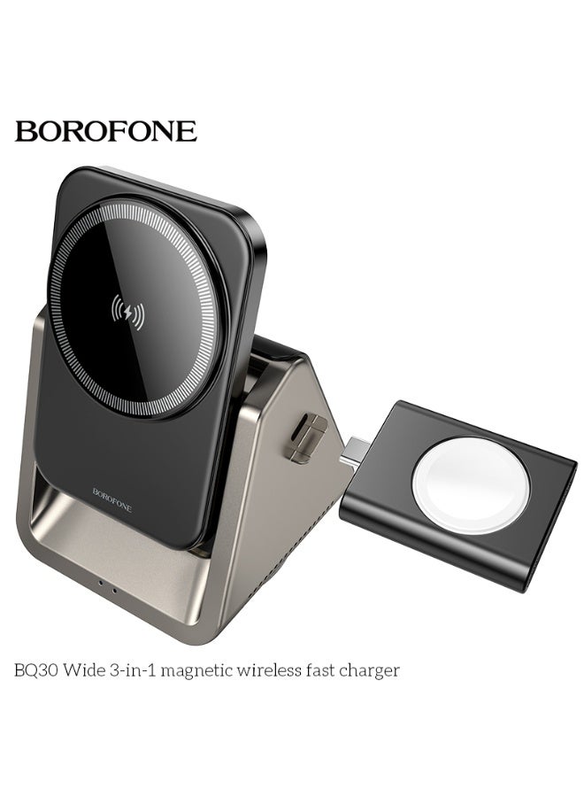 بوروفون شاحن لاسلكي مغناطيسي سريع 3 في 1 – قاعدة شحن واسعة متوافقة مع الهاتف وAirPods والساعة – قدرة شحن قصوى 15 واط – رمادي معدني - Image 1